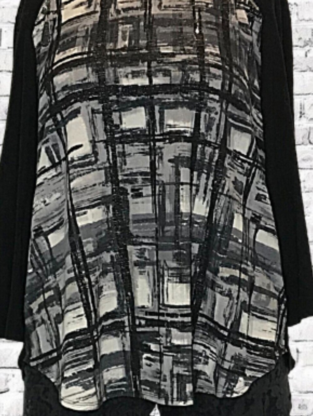 Women's Black and Gray Patterned Long Sleeve Blouse with Sparkle Detail